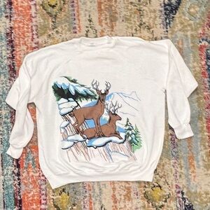 Vintage Deer Animal Print Landscape Outdoors 1980s Crewneck Pullover Sweatshirt